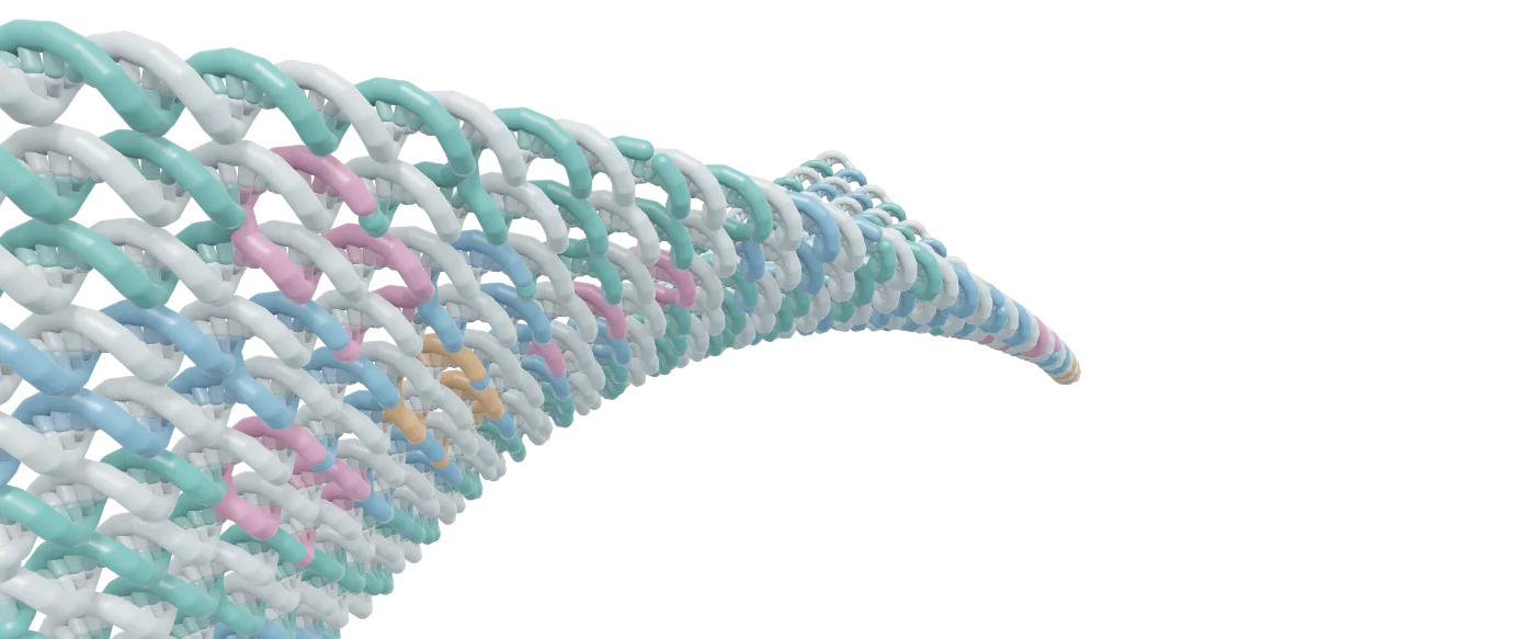 A close view along the twisted test sheet. Pastel strands wind around each helix and the sheet curls away into the dark.
