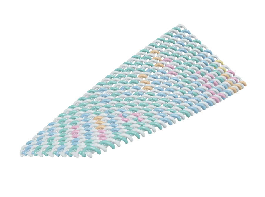 The sheet with one base pair deleted every 64, at the predicted 87 degrees per 100 nanometers. It lies much flatter.